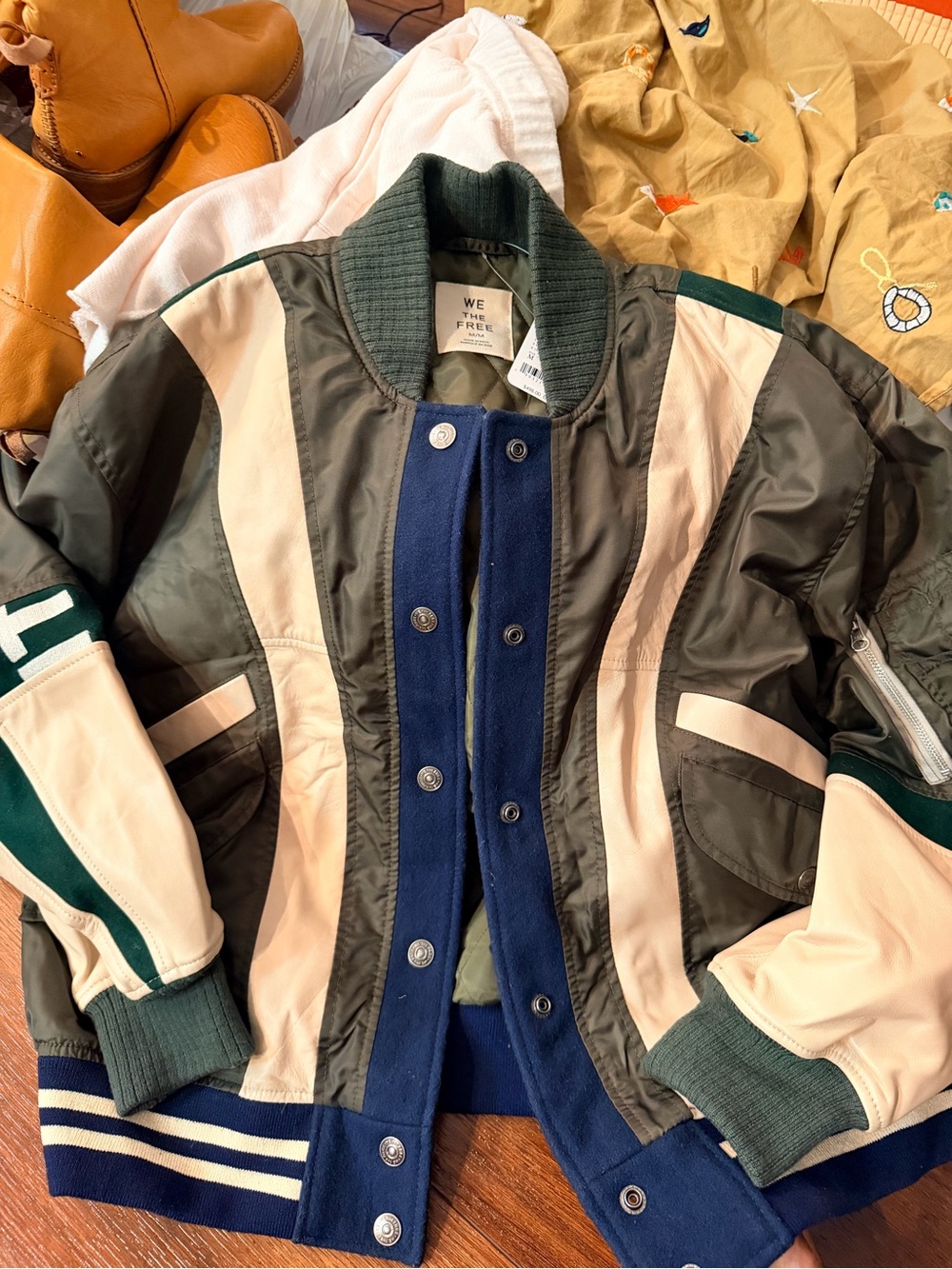 We The Free Olive, Cream & Navy Colorblock Varsity Jacket